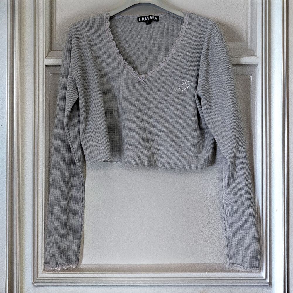 I.AM.GIA Y2K Waffle Knit Lace Trim Crop Top Gray Long Sleeve Size L
